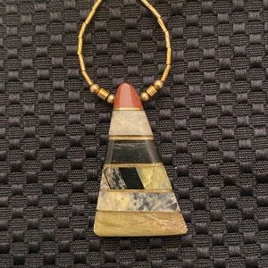 Multicolor Stone Pendant Necklace with 14kGF “Liquid Gold” Beads; Handmade NWT